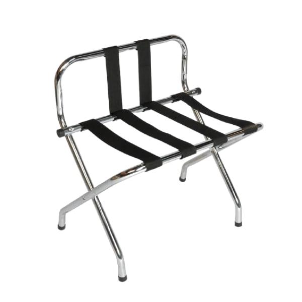 CSL High Back Metal Luggage Rack with Back Webbing, 26inH x 24inW x 16inD, Chrome/Black