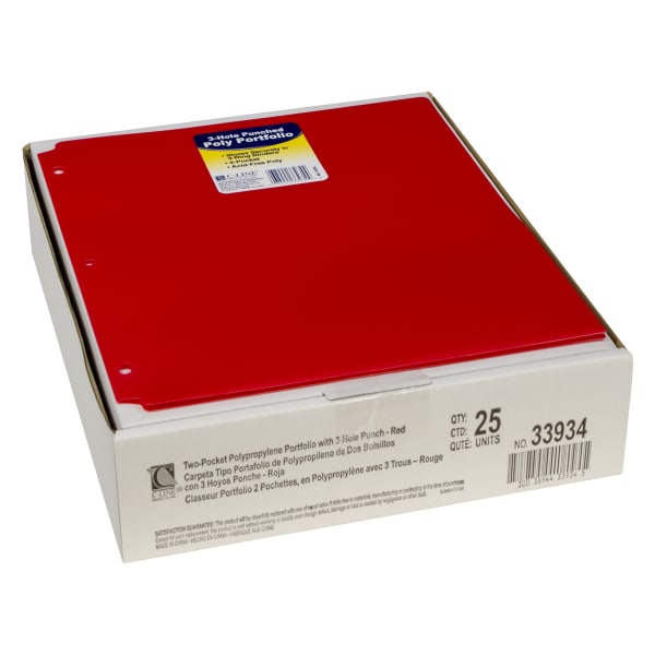C-Line 2-Pocket Heavyweight Poly Portfolio Folders With 3-Hole Punch, 8-1/2in x 11in, Red, Pack Of 25