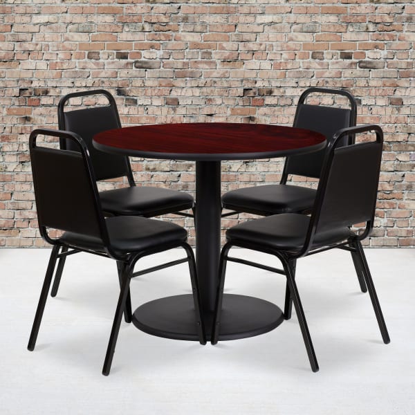 Flash Furniture Round Laminate Table Set With Round Base And 4 Trapezoidal-Back Banquet Chairs, 30inH x 36inW x 36inD, Mahogany/Black