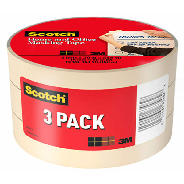 Scotch Home and Office Masking Tape, 3 Tape Rolls, 3/4 in x 60 yd, 3in Core, Tan