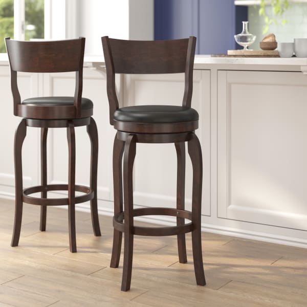Flash Furniture Nichola Commercial Grade Classic Open Back Swivel Bar Height Pub Barstool with Bowed Wooden Frame and Padded, Uphosltered Seat, Black Vinyl/Espresso Frame