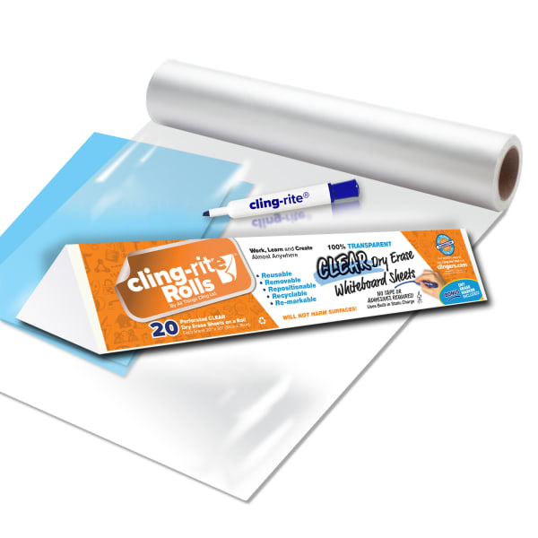 Clingers Cling-Rite Dry-Erase Sheets, 20in x 30in, 50ft Roll, Clear, Roll Of 20 Sheets