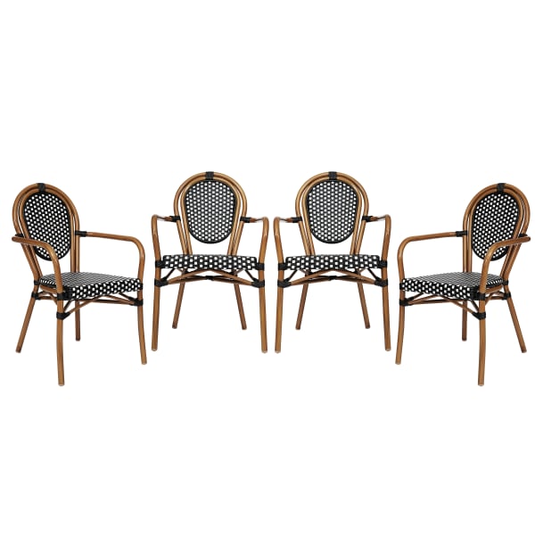 Flash Furniture 4 Pack Lourdes Indoor/Outdoor Commercial Thonet Bistro Stacking Chair with Arms, PE Rattan and Aluminum Frame, Black & White/Natural Frame