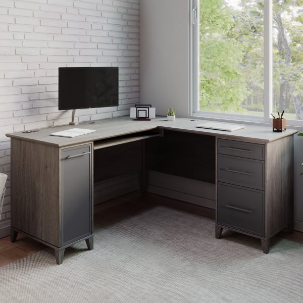 Realspace Koru 60inW L-Shaped Corner Computer Desk With Integrated Power & Charging, Two-Tone Slate/Gray Oak, BIFMA Compliant