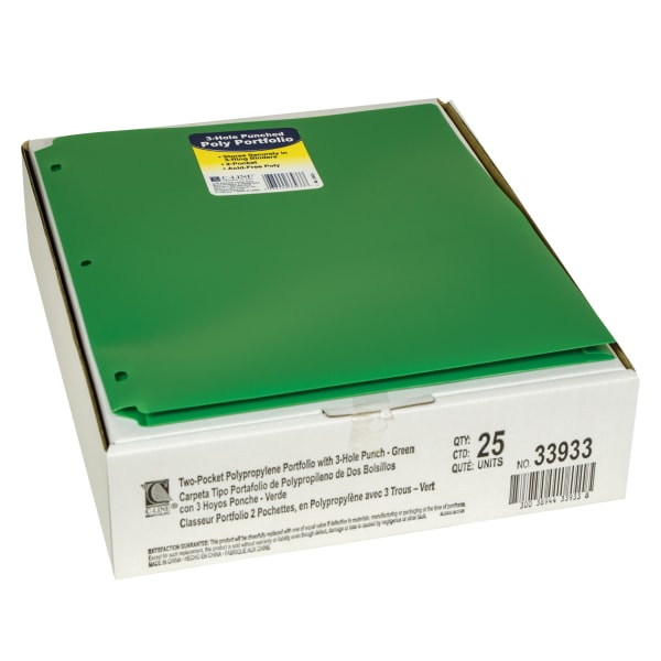 C-Line 2-Pocket Heavyweight Poly Portfolio Folders With 3-Hole Punch, 8-1/2in x 11in, Green, Pack Of 25 Folders