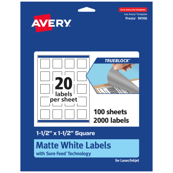 Avery Print-To-The-Edge TrueBlock Labels With Sure Feed, 94106-TWMP100, Square, 1-1/2in x 1-1/2in, Matte White, Pack Of 2000