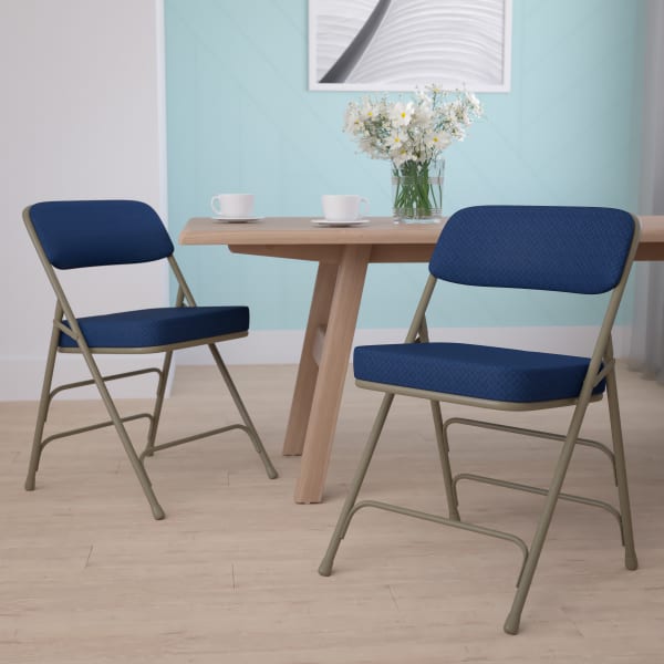 Flash Furniture HERCULES Series Premium Curved Triple-Braced & Double-Hinged Fabric-Upholstered Metal Folding Chairs, Navy/Gray, Pack Of 2 Chairs