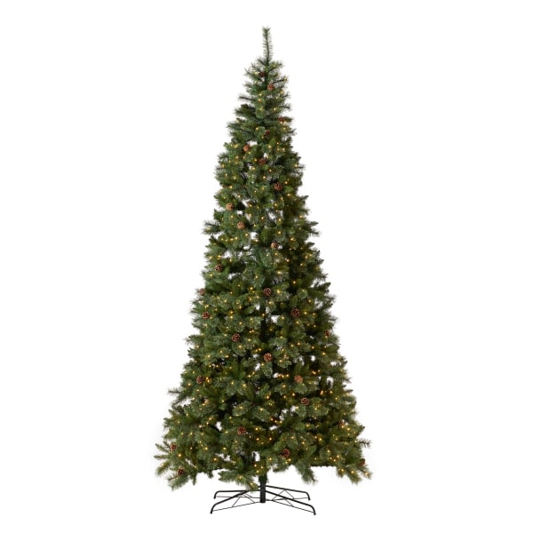Nearly Natural White Mountain Pine 132inH Artificial Christmas Tree With Pine Cones, LED Lights And Bendable Branches, 132inH x 34inW x 34inD, Green