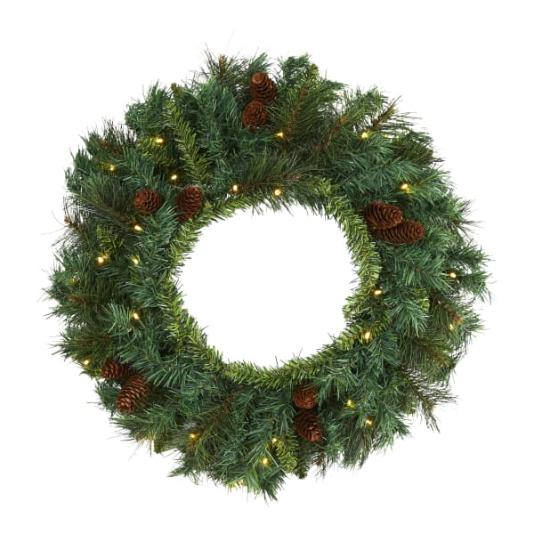 Nearly Natural Mixed Pine And Pinecone Artificial Christmas Wreath With 35 Warm LED Lights, 20in x 4in, Green