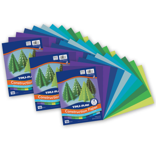 Tru-Ray Construction Paper, Heavyweight, 9in x 12in, Cool Assorted, 150 Sheets Per Pack, Set Of 3 Packs