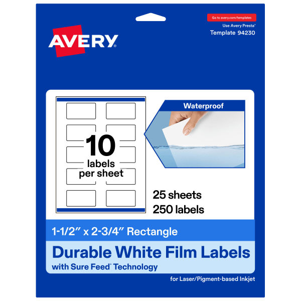 Avery Waterproof Permanent Labels With Sure Feed, 94230-WMF25, Rectangle, 1-1/2in x 2-3/4in, White, Pack Of 250