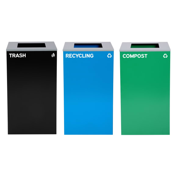 Alpine Industries Stainless-Steel Open Top Recycling, Compost And Trash Can Set With Square Lids, 29 Gallons, 30inH x 16-15/16inW x 16-15/16inD, Black/Blue/Green, Set Of 3 Trash Cans