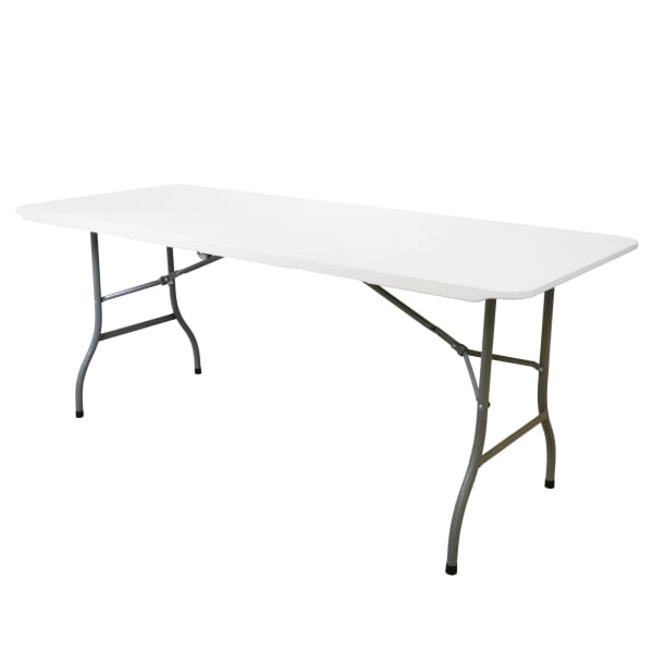 Elama Plastic Folding Outdoor Furniture Table, 29-1/2inH x 29-1/2inW x 70-13/16inD, White/Gray