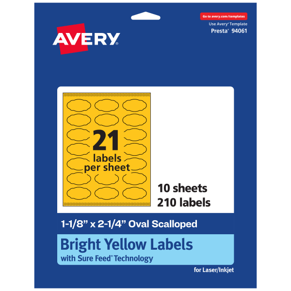 Avery Print-To-The-Edge Labels With Sure Feed Technology And Easy Peel Label Feature, 94061-BYP10, Oval Scalloped, Matte Bright Yellow, Pack of 210