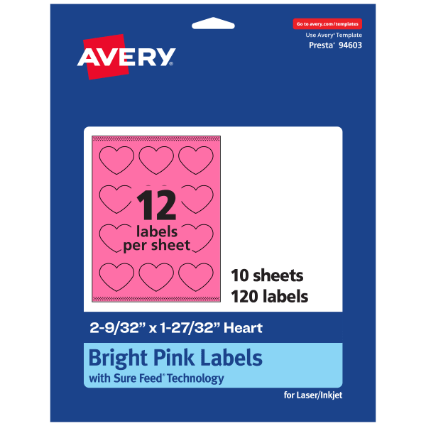 Avery Print-To-The-Edge Labels With Sure Feed Technology, 94603-BPP10, Heart, 2-9/32in x 1-27/32in, Matte Bright Pink, Pack of 120