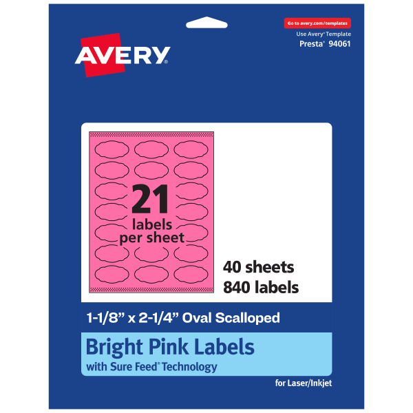 Avery Print-To-The-Edge Labels With Sure Feed Technology And Easy Peel, 94061-BPP40, Oval Scalloped, 1-1/8inx2-1/4in, Matte Bright Pink, Pack of 840