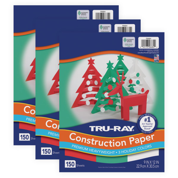 Tru-Ray Construction Paper, Heavyweight, 9in x 12in, Holiday Assortment, 150 Sheets Per Pack, Set Of 3 Packs