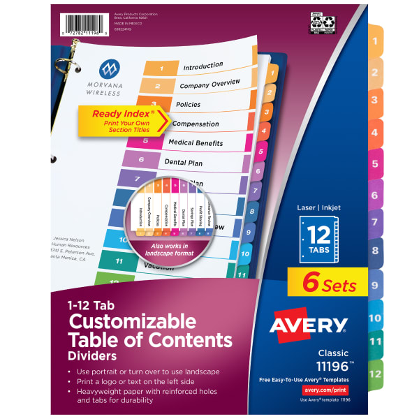 Avery Ready Index 1-12 Tab Binder Dividers With Customizable Table Of Contents, 8-1/2in x 11in, 12 Tab, White/Multicolor, Pack Of 6 Sets