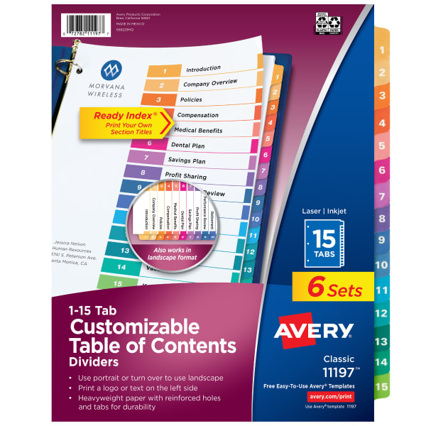 Avery Ready Index 1-15 Tab Binder Dividers With Customizable Table Of Contents, 8-1/2in x 11in, 15 Tab, White/Multicolor, Pack Of 6 Sets