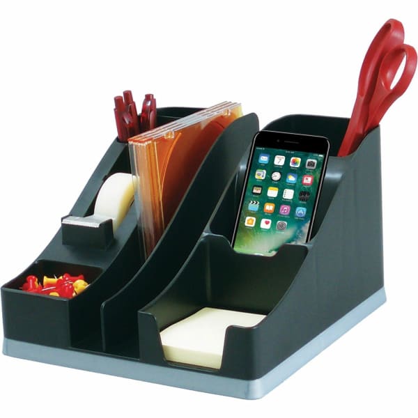 Deflecto Silouettes All-in-One Caddy - 6 Compartment(s) - 5.19in Height x 8.13in Width x 9.13in Depth - Desktop - Cable Management, Removable Divider - Silver - 1 Each