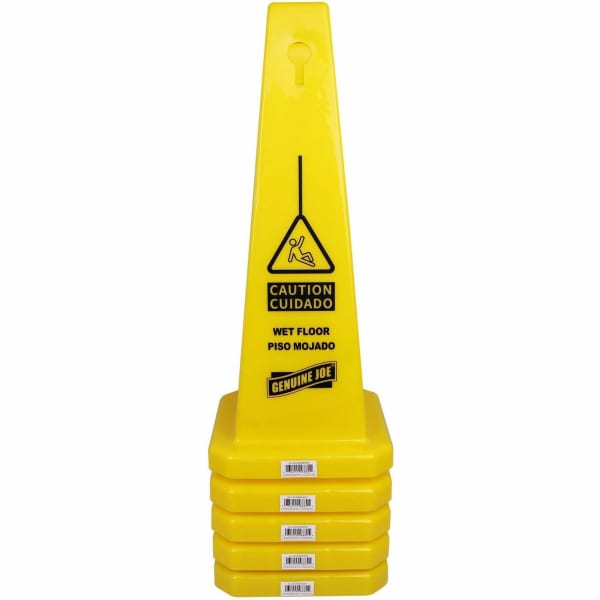 Genuine Joe Bright 4-sided Caution Safety Cone - English, Spanish - 10in Width x 24in Height x 10in Depth - Cone Shape - Stackable - Industrial - Polypropylene - Yellow - 5 / Carton