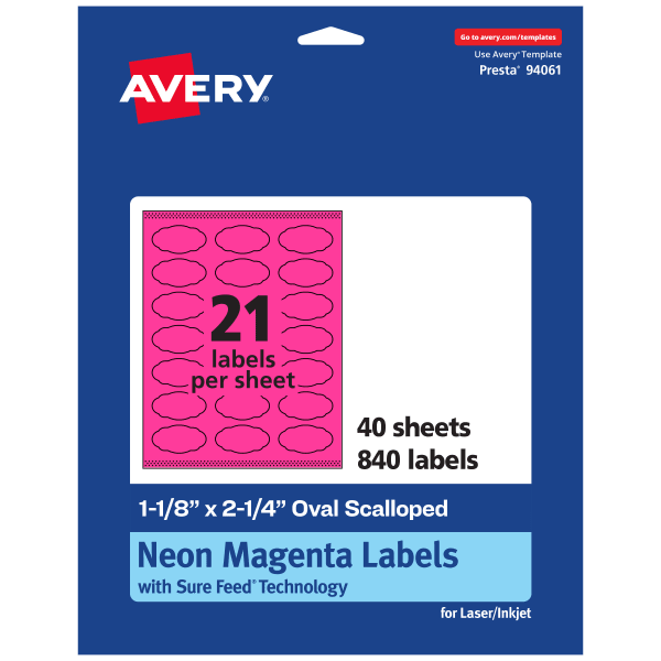 Avery Print-To-The-Edge Labels With Sure Feed Technology And Easy Peel, 94061-NMP40, Oval Scalloped, 1-1/8inx2-1/4in, Matte Neon Magenta, Pack of 840