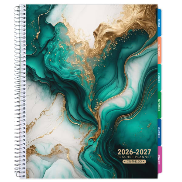 2026-2027 Excello Brands Weekly/Monthly Academic Year Teacher Planner, 8-1/2in x 11in, Teal Gold Marble, August To July, Total Qty 1