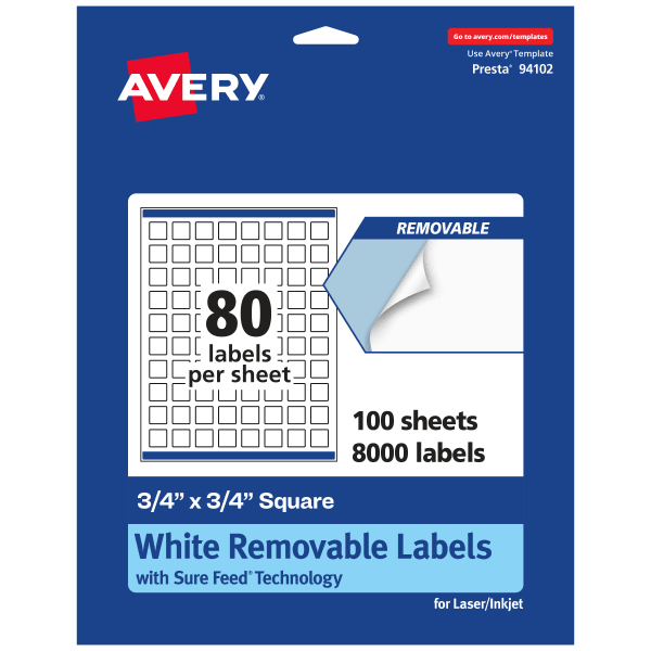 Avery Removable Labels With Sure Feed, 94102-RMP100, Square, 3/4in x 3/4in, White, Pack Of 8,000 Labels