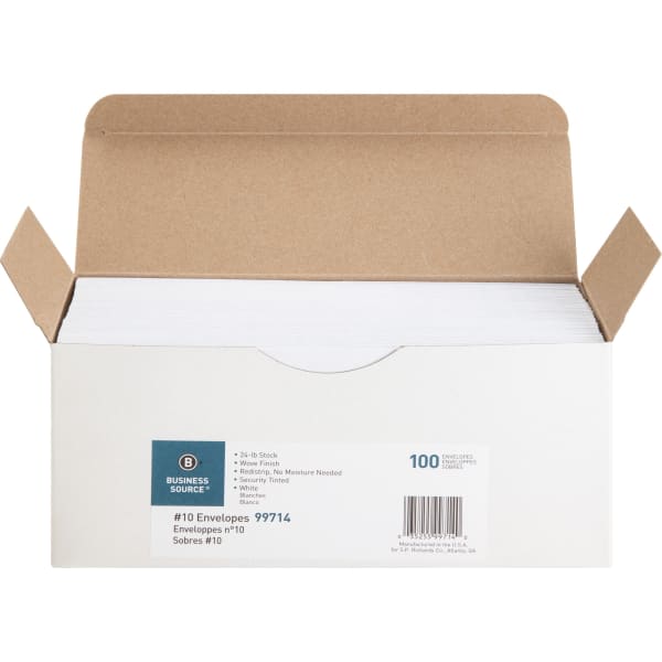Business Source No. 10 Peel-to-seal Security Envelopes - Business - #10 - 4 1/8in Width x 9 1/2in Length - 24 lb - Peel & Seal - White - Wove - 100 / Box