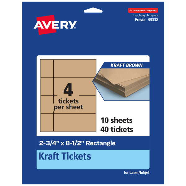 Avery Printable Tickets, 2.75inx8.5in, Kraft Brown, Pack Of 40