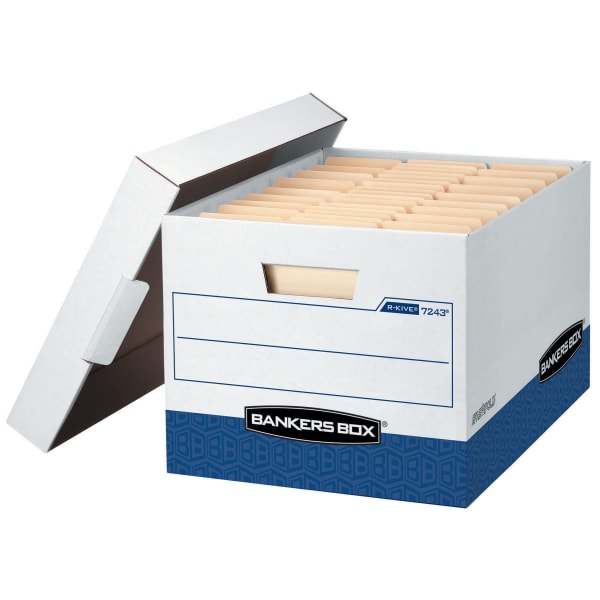 Bankers Box R Kive Heavy-Duty Storage Boxes With Locking Lift-Off Lids And Built-In Handles, Letter/Legal Size, 10in x 12in x 15in Liters, 50% Recycled, White/Blue, 20Pk