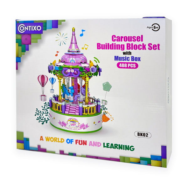 Contixo BK02 Carousel Building Block Set With Music Box, Grade 3 - 12, Set Of 488 Pieces