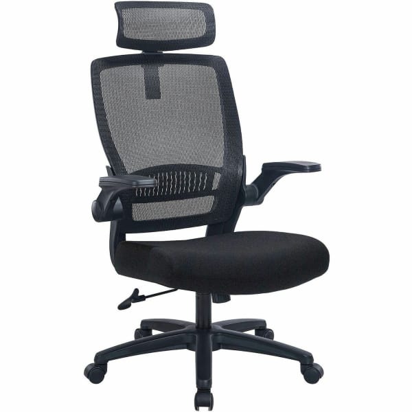 Lorell Lanser Mesh-Back Chair with Flip-Up Arms - Fabric Seat Material - Mesh Back Material - High Back - 5-star Base - Black - Armrest - 1 Each