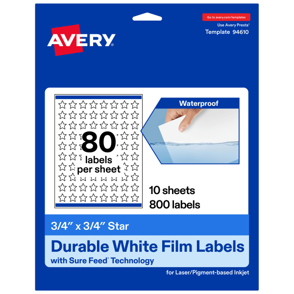 Avery Waterproof Permanent Labels With Sure Feed, 94610-WMF10, Star, 3/4in x 3/4in, White, Pack Of 800