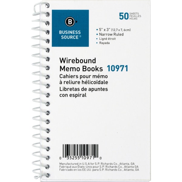 Business Source Side Wirebound Ruled Memo Book - 50 Sheet(s) - Wire Bound - 3in x 5in Sheet Size - White - 1 Dozen