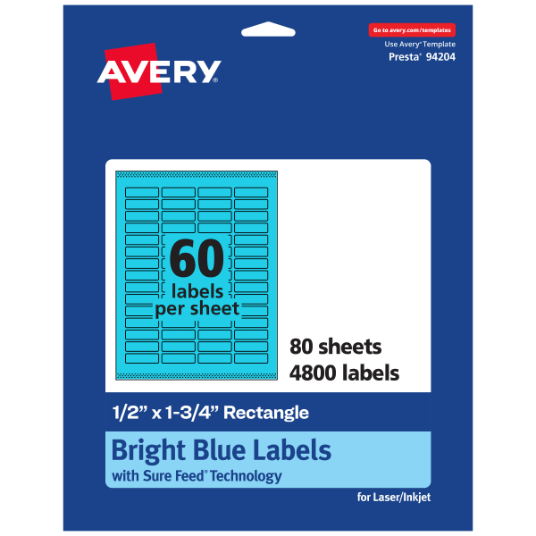 Avery Print-To-The-Edge Labels With Sure Feed Technology And Easy Peel, 94204-BBP80, Rectangle, 1/2in x 1-3/4in, Matte Bright Blue, Pack of 4800
