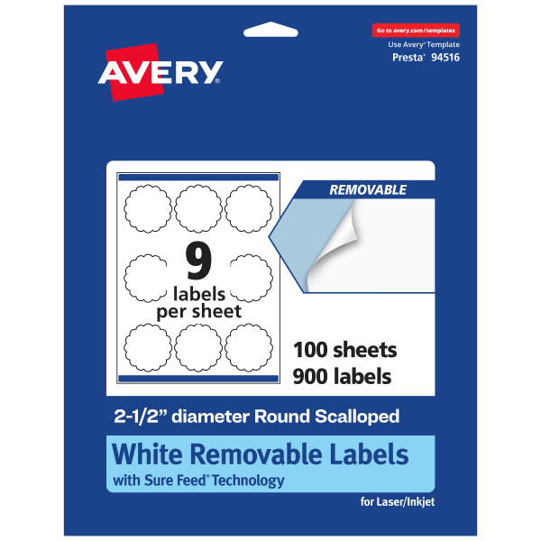 Avery Removable Labels With Sure Feed, 94516-RMP100, Round Scalloped, 2-1/2in Diameter, White, Pack Of 900 Labels