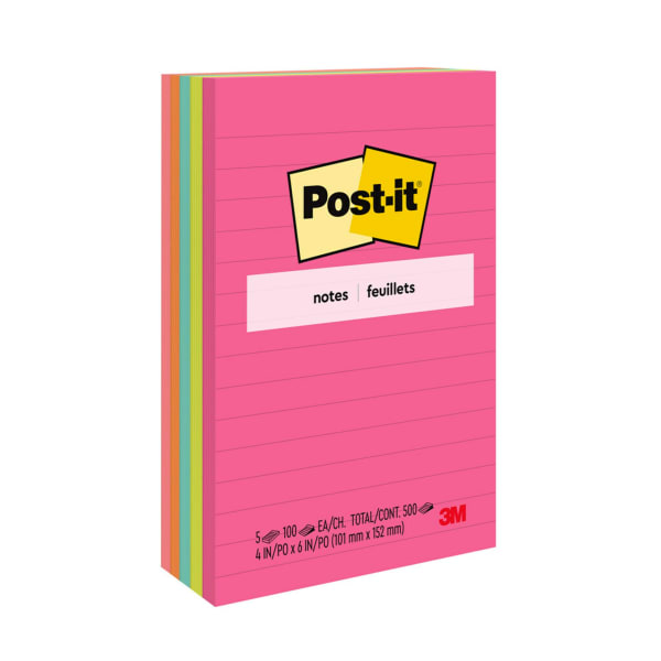Post it Notes, 500 Total Notes, Pack Of 5 Pads, 4 in x 6 in, Lined, Poptimistic Collection, 100 Notes Per Pad