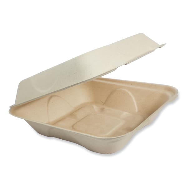 World Centric Fiber Hinged Containers, 3-1/4inH x 7inW x 8-5/16inD, Natural, Pack Of 300 Containers