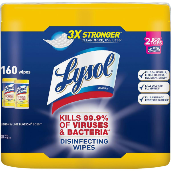Lysol Disinfecting Wipes, Lemon & Lime Blossom Scent, 7in x 8in, 80 Sheets Per Canister, Case Of 2 Canisters