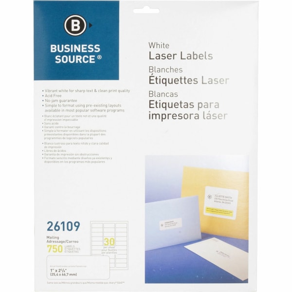Business Source Bright White Premium-quality Address Labels - 1in Width x 2 5/8in Length - Permanent Adhesive - Rectangle - Laser, Inkjet - White - 30 / Sheet - 25 Total Sheets - Lignin-free, Jam-free - 750 / Pack