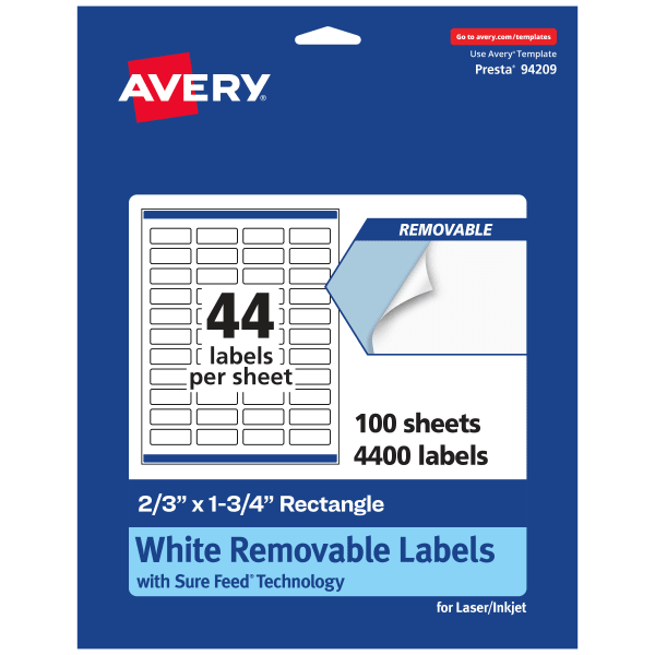 Avery Removable Labels With Sure Feed, 94209-RMP100, Rectangle, 2/3in x 1-3/4in, White, Pack Of 4,400 Labels