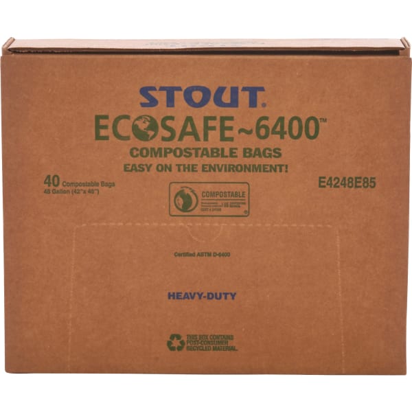 Stout EcoSafe-6400 Compostable Compost Bags, 0.85-mil, 48 Gallons, 42in x 48in, Green, Box Of 40