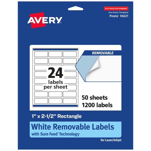 Avery Removable Labels With Sure Feed, 94221-RMP50, Rectangle, 1in x 2-1/2in, White, Pack Of 1,200 Labels