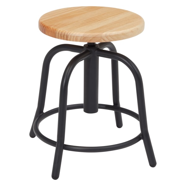 National Public Seating 19in - 25in Height Adjustable Swivel Stool, Wooden Seat, New Zealand Pine, Black Frame