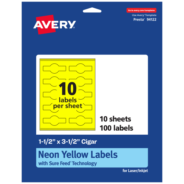 Avery Print-To-The-Edge Labels With Sure Feed Technology, 94122-NYP10, Cigar, 1-1/2in x 3-1/2in, Matte Neon Yellow, Pack of 100