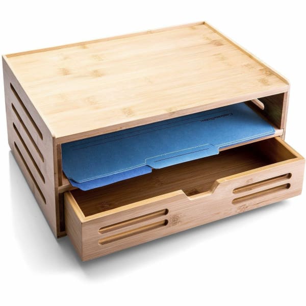 Achieva Bamboo File Organizer with Drawer - Horizontal - 7.7in Height x 14in Width x 10in Depth - Stackable - Side-loading, - 1 Each