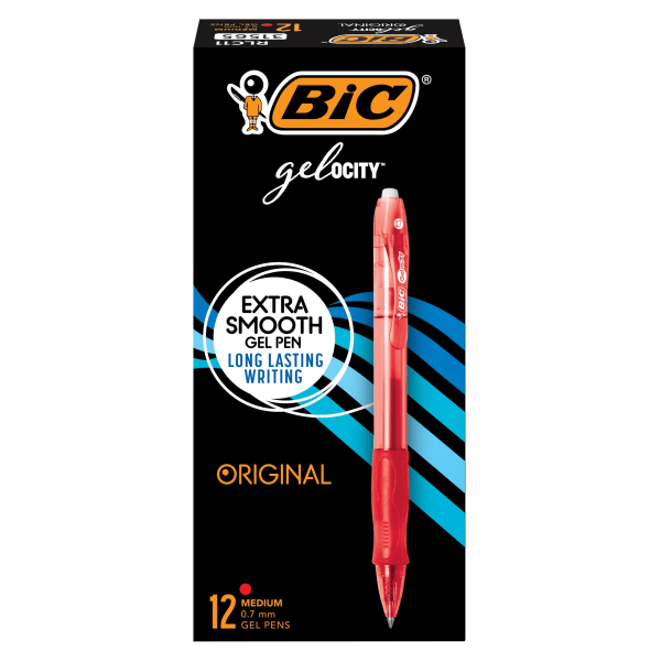 BIC Gel-ocity Retractable Gel Ink Rollerball Pens, Medium Point, 0.7 mm, Red Barrel, Red Ink, Pack Of 12