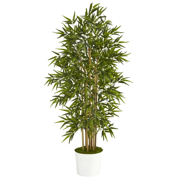 Nearly Natural Bamboo Tree 64inH Plastic Artificial Plant With Tin Planter, 64inH x 10inW x 10inD, Green/White
