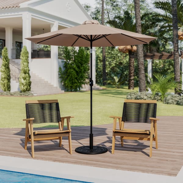 Flash Furniture Kona Round Umbrella With Standing Umbrella Base, 101-1/4inH x 104-1/2inW x 104-1/2in, Tan